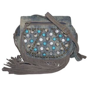FREE PEOPLE Small Distressed Blue Denim & Gray Leather Fringed Crossbody